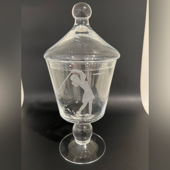 Vintage Woman Playing Golf Etched Art Glass Lidded Apothecary Candy Dish Rare - Picture 6 of 8
